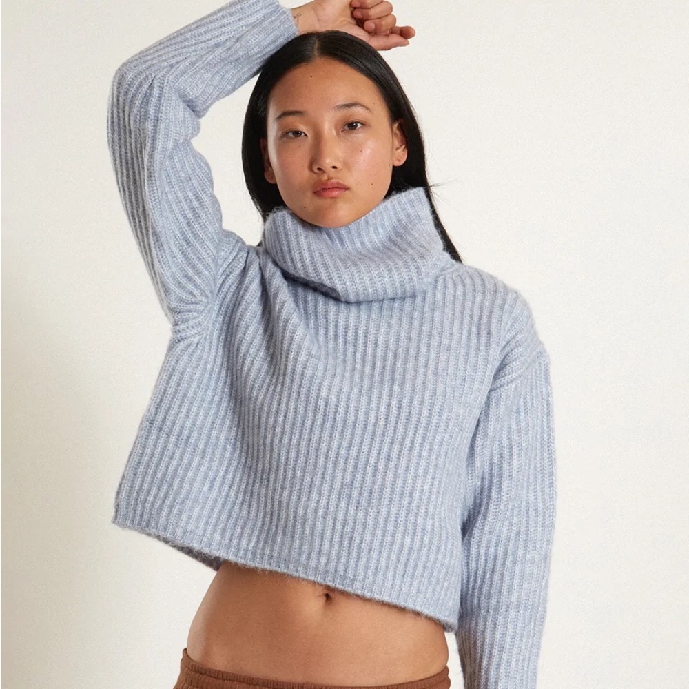 THAKOON CROPPED RIBBED TURTLENECK SWEATER Baby Blue NWT